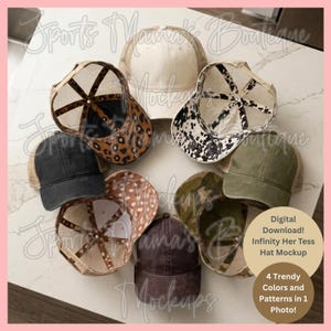Puede incluir: Una colección de gorras de camionero en varios colores y patrones, incluyendo estampado de leopardo y camuflaje. Las gorras están dispuestas en un patrón circular, mostrando su diseño. La imagen incluye texto que dice "Digital Download! Infinity Her Tess Hat Mockup".