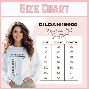 May include: A size chart for a Gildan 18000 unisex crew neck sweatshirt. The chart lists sizes S to 4XL, with chest measurements from 20 to 32 inches and lengths from 26 to 32 inches. The text "SIZE CHART" is at the top.