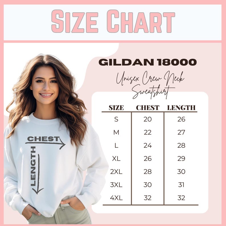 May include: A size chart for a Gildan 18000 unisex crew neck sweatshirt. The chart lists sizes S to 4XL, with chest measurements from 20 to 32 inches and lengths from 26 to 32 inches. The text "SIZE CHART" is at the top.