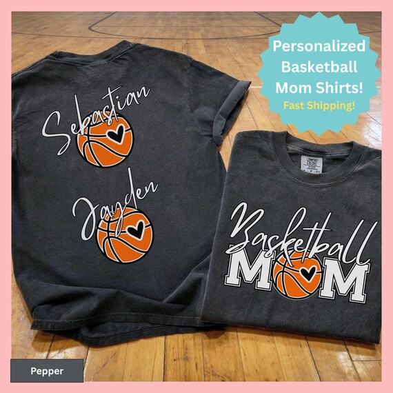 Basketball Mom Shirt Custom Name Team Mom Basketball Gift Personalized Sports Parent Clothing Athletic Mom Heart Design Gray Tee Cotton