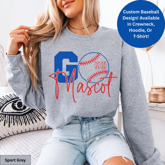 Baseball Sweatshirt Customizable Team Mascot Personalized Clothing Number Gameday Shirt Athletic Crewneck Graphic Cotton Blend Gray