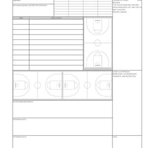 May include: A white basketball practice plan template with sections for opponent, time, drill focus, and notes. Includes quotes by John Wooden and Michael Jordan, and emphasis points: work hard, listen, be a good teammate, and be positive.