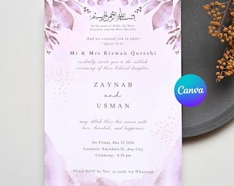 Purple Floral Nikkah Invitation, Islamic Wedding Card (Digital Download)
