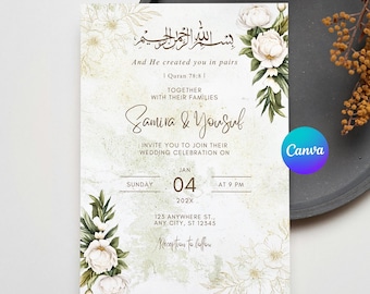 Pakistani Wedding Invitation, Cream Gold Floral Nikkah Walima Template (Digital Download)