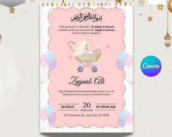 Baby Aqiqah Invitation Canva Editable Template, Aqeeqah Invitation, Aqiqah card, Muslim Baby Birth Announcement Invite Digital Download