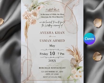 May include: A wedding invitation card featuring a beige and white watercolor background with an arched gold frame. It displays the text: In the name of Allah, the Most Gracious, the Most Merciful, Ayesha Khan with Usman Ahmed, May 10, 7 PM, 20XX, Borcelle Restaurant, 123 Anywhere St., Any City, ST 12345, RSVP at 123-456-7890, decorated with dried floral arrangements.