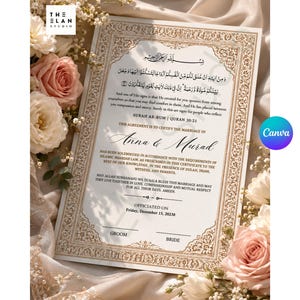 Plantilla elegante de certificado Nikkah en Canva, certificado de matrimonio islámico editable, Nikah Nama imprimible, contrato de boda musulmán, Nikahnama