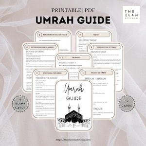 May include: A printable PDF Umrah Guide with 24 cards. The guide features detailed instructions for the Umrah pilgrimage, including preparation, Tawaf, and other essential steps. The cards are beige with black text and illustrations.