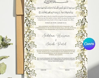Floral Nikkah Certificate Template, Islamic Marriage Contract (A4 Digital Download Canva Editable)