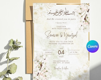 Muslim Wedding Invitation Canva Template, Cream Gold Floral Nikkah Card (Digital Download)