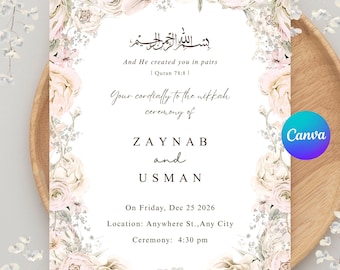 Floral Nikkah Invitation Template Canva Editable Muslim Wedding Invite Nikah Invitations Digital Marriage Invitation Card Muslim Pink Ivory