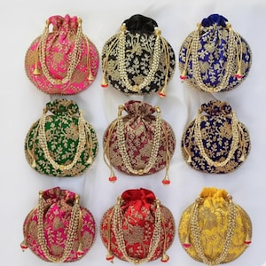 May include: Nine embroidered drawstring bags in various colors, including pink, black, blue, green, burgundy, and yellow. Each bag features intricate gold-colored floral patterns and beaded drawstrings with tassel accents. The bags are round and appear to be made of a satin-like material.