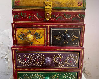 手描きの木製ジュエリーボックス｜ラジャスタン地方のヴィンテージ民芸品