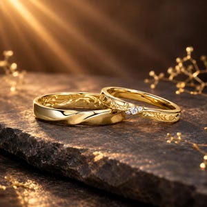 May include: Two gold wedding rings. One ring features a twisted design, while the other has three small diamonds and an engraved floral pattern. The rings are displayed on a dark, textured surface with a warm, golden light.