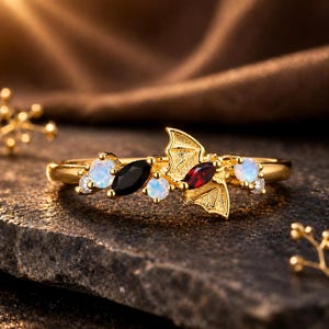 Gothic Bat Wing Ring: Marquise Black Onyx, Garnet, Opalite, Sterling Silver