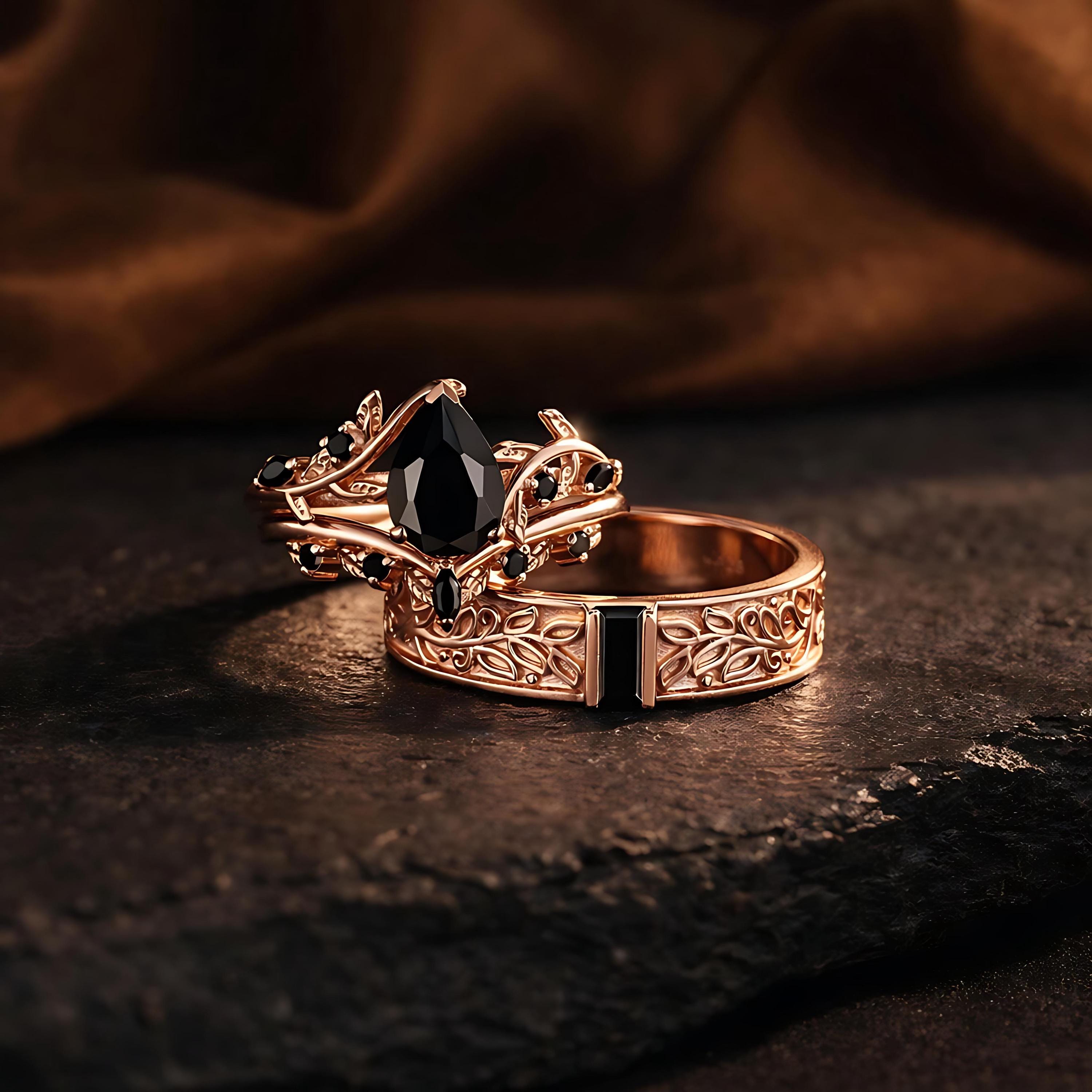 Vintage Black Onyx Bat Wing Engagement Ring Set, Sterling Silver Gothic ...