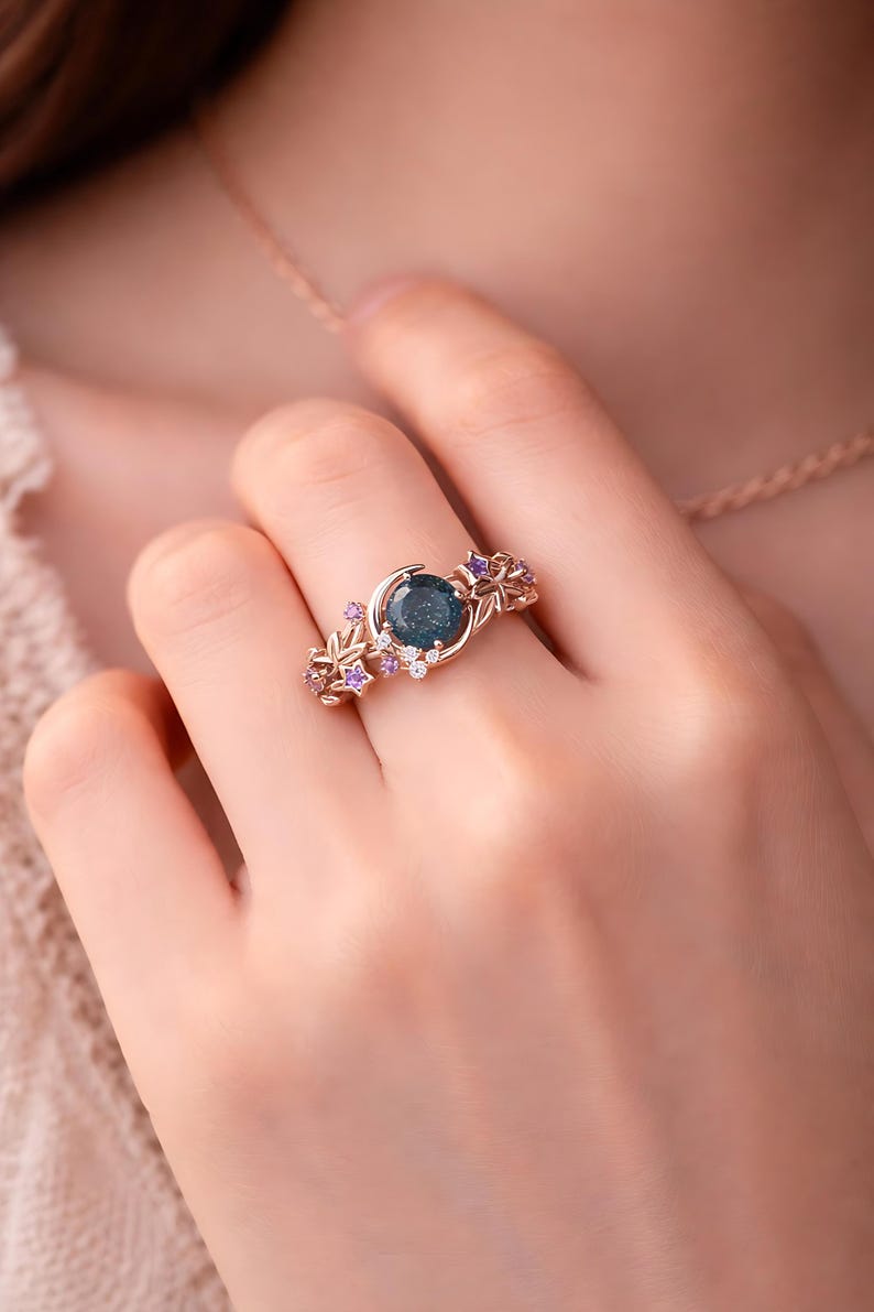 Celestial Moon Star Ring: Black Gold Blue Sandstone Galaxy Engagement ...