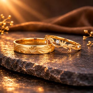 Op de afbeelding: Twee gouden ringen met gedetailleerde blad- en rankgravures. De ene ring is een massieve band met ingegraveerd bladmotief, terwijl de andere een verfijnde, opengewerkte band is, versierd met kleine, heldere, rondgeslepen stenen in het ontwerp.
