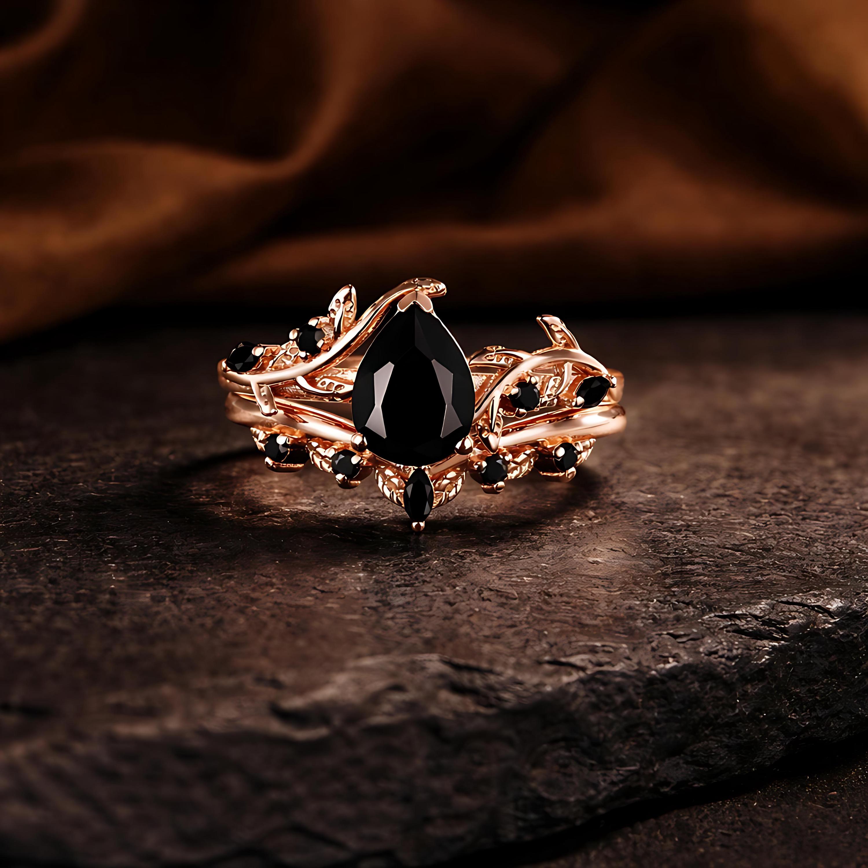 Vintage Black Onyx Bat Wing Engagement Ring Set, Sterling Silver Gothic ...