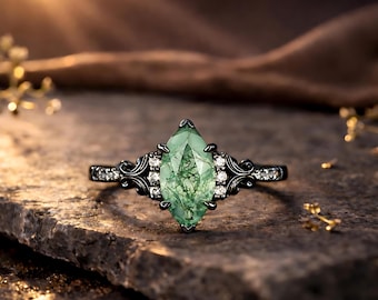 Gothic Marquise Moss Agate Engagement Ring, Vintage Filigree Wedding Band