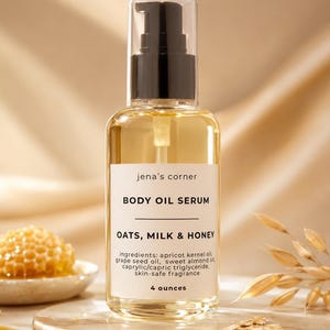 May include: A clear glass bottle of body oil serum with a black pump top. The label reads "jena's corner BODY OIL SERUM OATS, MILK & HONEY" with a list of ingredients and "4 ounces". The bottle is on a marble surface.