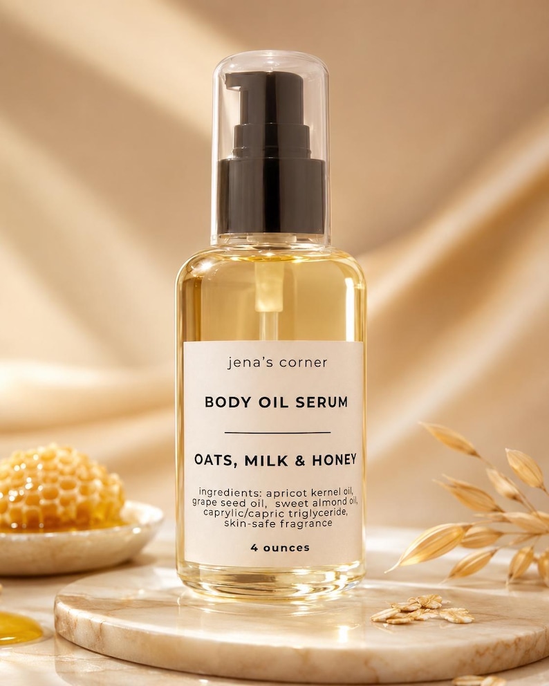 May include: A clear glass bottle of body oil serum with a black pump top. The label reads "jena's corner BODY OIL SERUM OATS, MILK & HONEY" with a list of ingredients and "4 ounces". The bottle is on a marble surface.