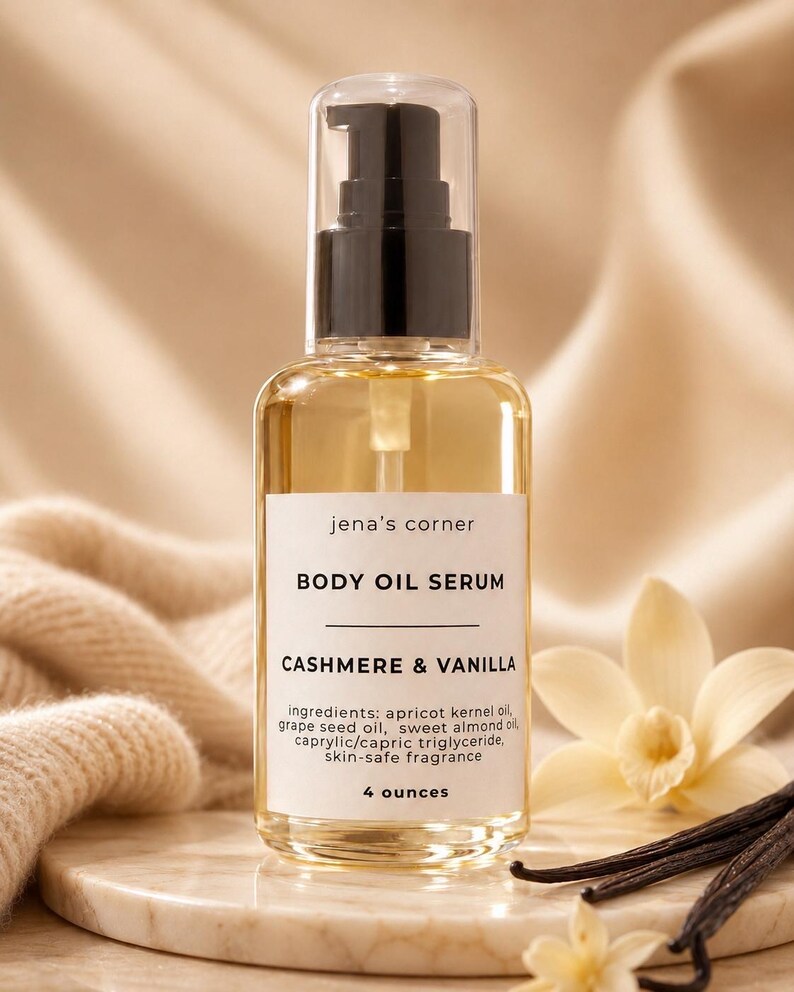 May include: A clear glass bottle of body oil serum with a black pump top. The label reads "jena's corner BODY OIL SERUM CASHMERE & VANILLA" and lists ingredients. The bottle contains 4 ounces of product.