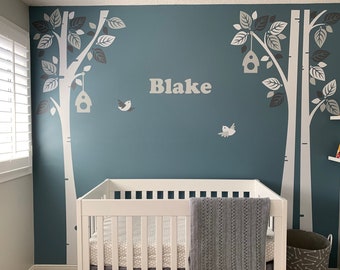 Children Nursery Wall Decal - Tree Wall Decals with Birds, Birdhouses and Custom Name - PLWD040L