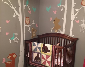 Deer, Teddy Bears, Birds and Trees Wall Decal -  Woodland Nursery Wall Decals, Baby Nursery Decal and Baby Nursery Sticker -  PLFR060