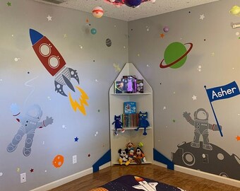 Space Voyager with Custom Flag Name Wall Stickers - Astronauts, Aliens, Rocket, Planets - Cosmos Wall Decals for Kids - PLOS040