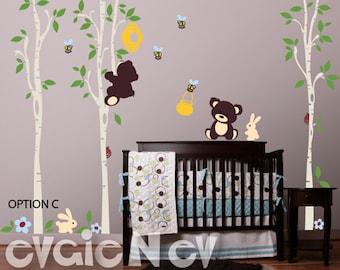 Baby Wall Decals - Bears, Honey Jar, Bee Hive, Bumble Bees, Large Trees and Bunnies for Children Playroom-  PLTBRS040