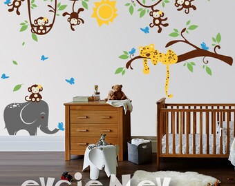 Sleeping Leopard and Monkeys Children  - Nursery Decals, Baby Nursery Decal and Baby Nursery Wall Sticker -  PLMC020  - NEW DESIGN