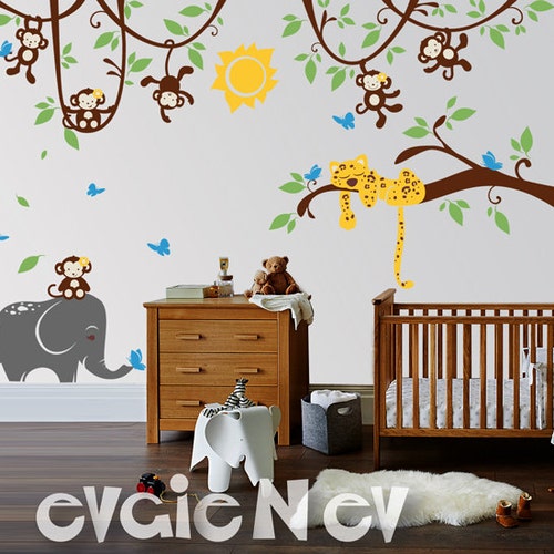 Sleeping Leopard and Monkeys Children  - Nursery Decals, Baby Nursery Decal and Baby Nursery Wall Sticker -  PLMC020  - NEW DESIGN