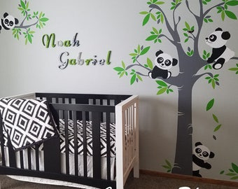 Pandas Nursery Wall Decals for kids room - Tree and Five Little Bears with flying Balloon -  PLTBRS030