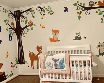 Baby Nursery Wall Decals - Forest Animals Friends stickers, Fox, Deer, Bear, Raccoon, Owls Wall Decals - PLFR050