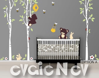Wall Decals Nursery - Teddy Bears with Honey Pot Wall Decals - Honey Jar, Bee Hive, Bumble Bees, Trees and Bunnies -  PLTBRS040