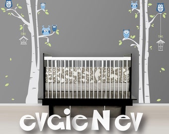 Owls and Birches Wall Decal for Nursery - Nursery Wall Decal for kids room with Cute Owls and Birdhouses -  LTROWLS30