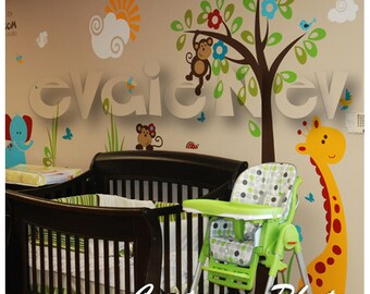 Safari Wall Decals - Monkeys on the Tree with Giraffe and Elephant - PLSF050L