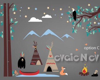 First Nations TeePee Camp with Canoe, Campfire, Eagle, Black Bear and Mountains - Children Wall Stickers  - PLFN010