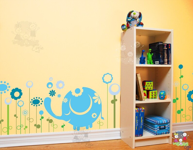 Wall Decals Canada Kids Baby Elephant With Flowers Wall Etsy