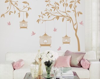 Garden Wall Decals - Tree with Birdcage and Birds Wall Stickers for Nursery - TRGD010R