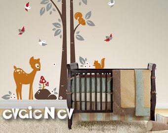 Baby Deer with Birds and Tree Wall Stickers - Children Wall Decal Wall Decals - PLWD010L