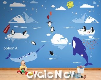 Children Wall Decals - Wall Decals Kid - Arctic and Antarctic Animals and Polar Friends - Penguin, Bear Cubs, Orca Whale, Narwhal - PLRFR010