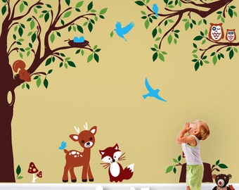 Baby Nursery Woodland Large Wall Decal - Deer, Fox, Squirrels, Owls  in the Wood Wall Stickers -Wall Decals for Kids Vinyl Decals -  PLFR040