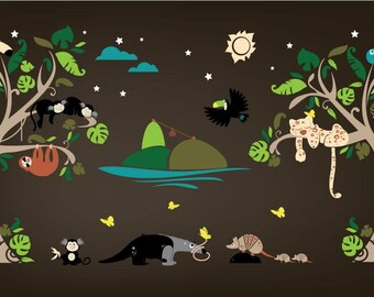 Sugarloaf Mountain with  Animals of South America - Monkeys, Jaguar, Armadillo, Blue Macaw and Anteater - PLSA060