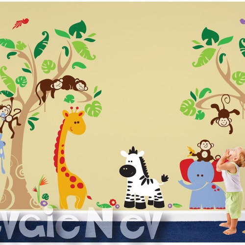 Terrific Tropical Heaven - Jungle Safari Wall Decals with Animals and Birds, Large Wall Stickers - PLJN060