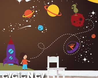Boy Nursery Wall Decal -  Outer Space Wall Decor with Stars and Astronaut - PLOS010R
