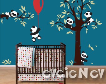Panda Wall Decals - Nursery Wall Decals for kids room with Tree and Five Little Bears -  PLTBRS030