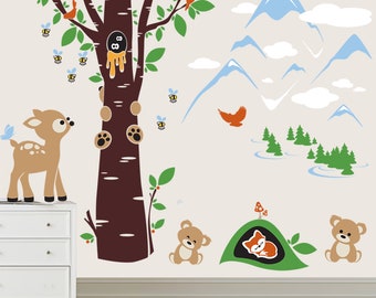 Rocky Mountains Wall Decals - Camping in Nature Wall Decals - Wild Animals Landscape Children Wall Decor - Boys & Girls Room -PLCRM010