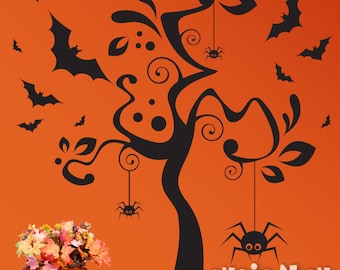 Halloween Wall Decal - Spooky Tree with Spiders and Flying Bats